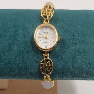 Gruen Jade and Chinese Symbol Gold Tone Watch with Pearlized Dial.